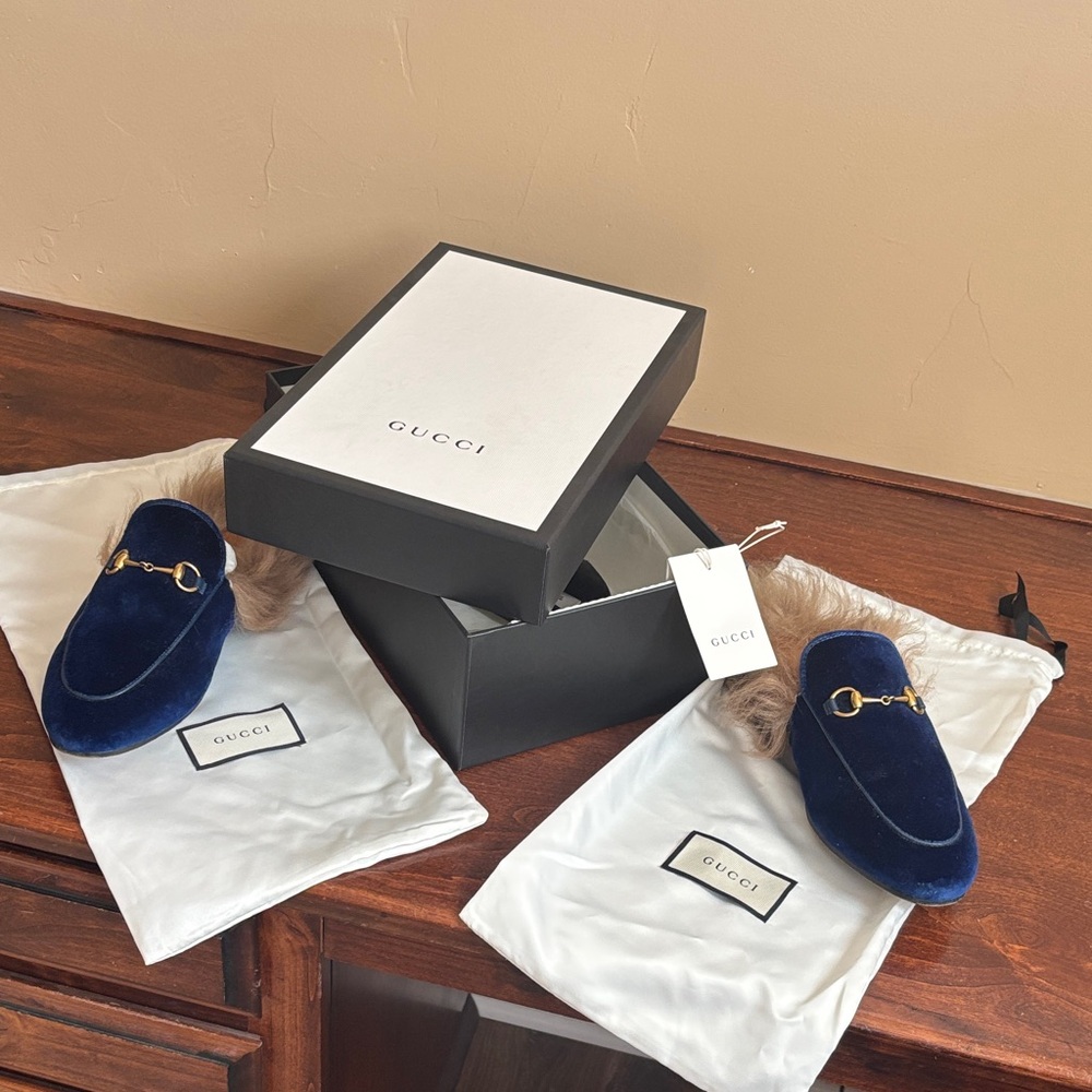 Gucci Navy Velvet Loafers with Gold Accent